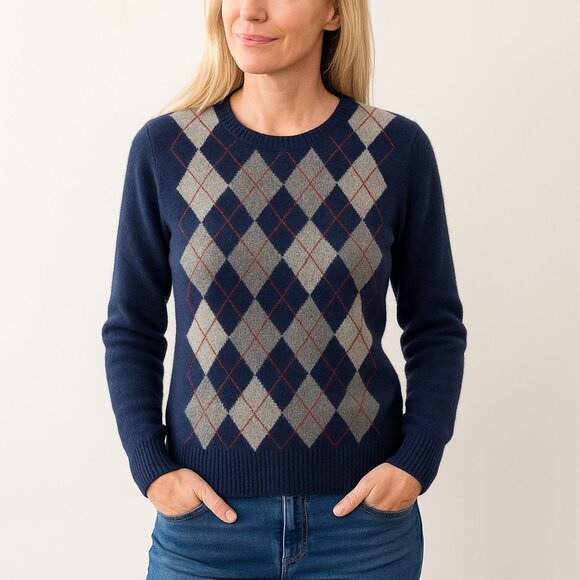 Vintage Tweeds 100% Cashmere Argyle Sweater Navy Blue Gray Red Preppy Size L - Picture 1 of 10